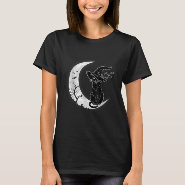 Moon Halloween Scary Black Cat Costume Witch Hat W T-Shirt (Front)