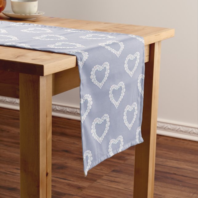 Moon hearts 3rd anniversary grey blue short table runner (In Situ)
