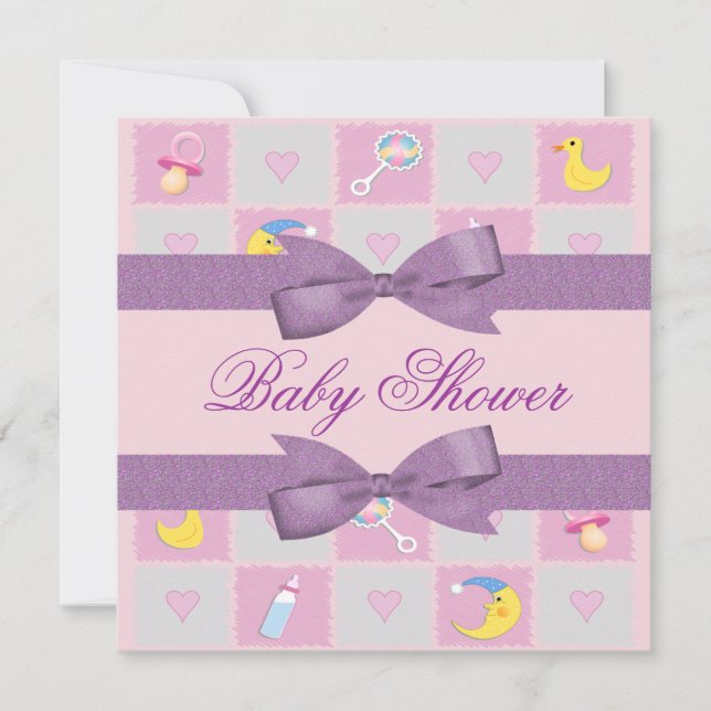 Moon, Hearts, & Baby Toys Girly Baby Shower Invitation (Front)