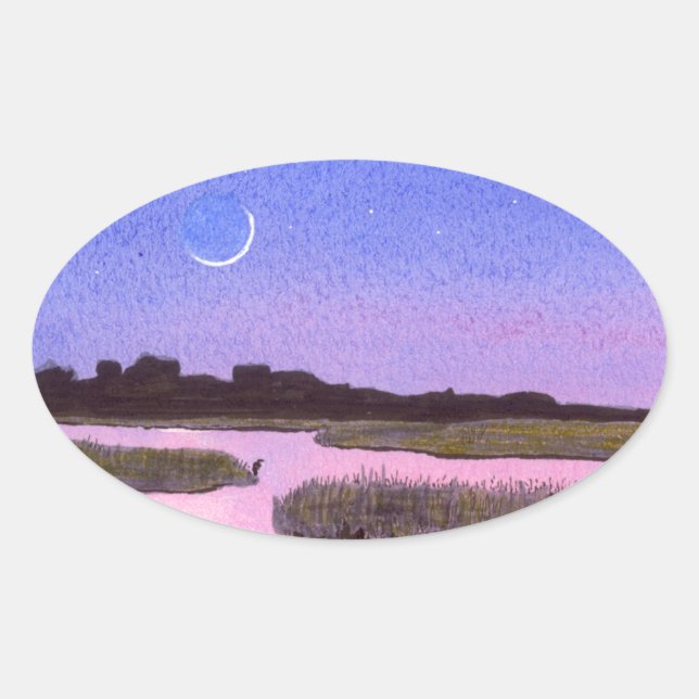 Moon & Heron Oval Sticker (Front)