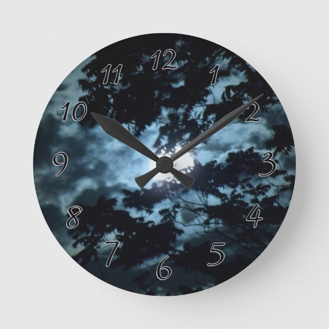 Moon Illuminates the Night behind Tree Branches Round Clock (Front)