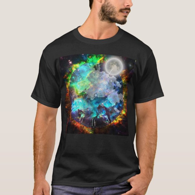 Moon in fantasy space with clock face T-Shirt (Front)