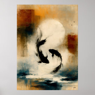 Moon Koi Japanese Sumi-E Abstract Fish Wall Art