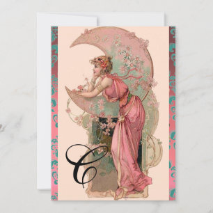 MOON LADY,FLOWERS ,ROSES,PINK BLUE DAMASK MONOGRAM INVITATION