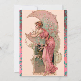 MOON LADY WITH ROSES ,PINK BLUE DAMASK FLOWERS INVITATION