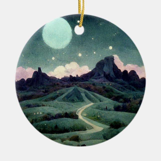 Moon Landscape Fantasy Ceramic Tree Decoration (Front)