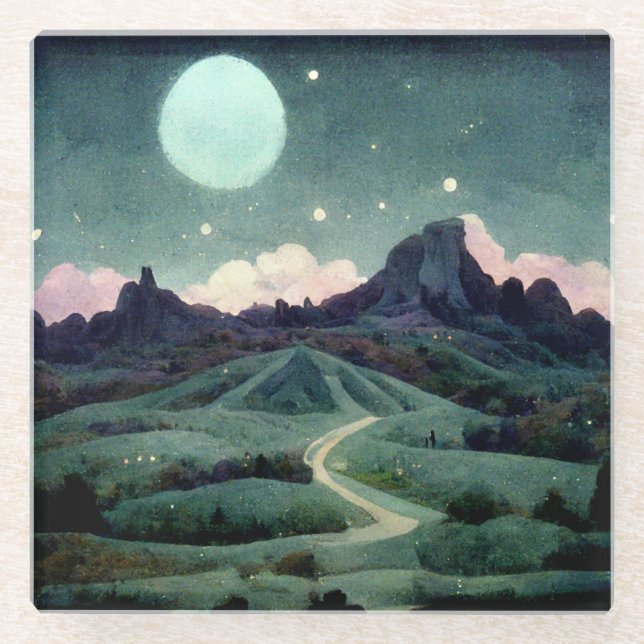 Moon Landscape Fantasy Glass Coaster (Front)