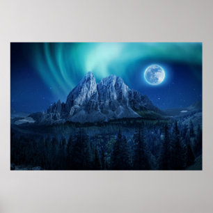 Moon Lit Mountain Night Poster