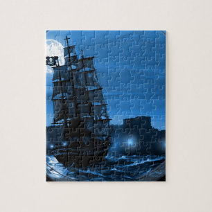 Moon lit sailing ship through a Spyglass Jigsaw Puzzle