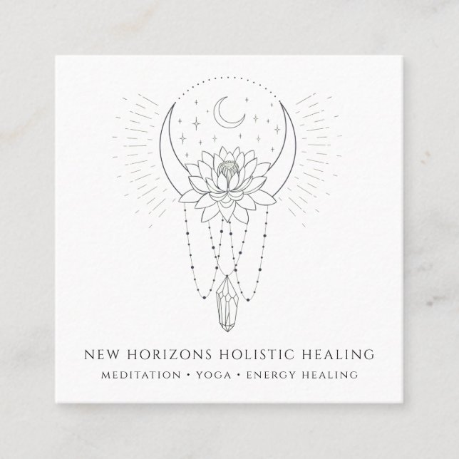 Moon Lotus Flower Crystal Energy Healing  Business Square Business Card (Front)