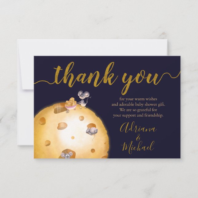 moon made of cheese, gold glitter, baby shower thank you card (Front)