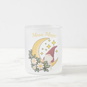 Moon Magic Cute Gnome on Crescent Moon Floral  Frosted Glass Coffee Mug