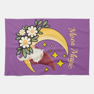 Moon Magic Cute Gnome on Crescent Moon Floral  Tea Towel