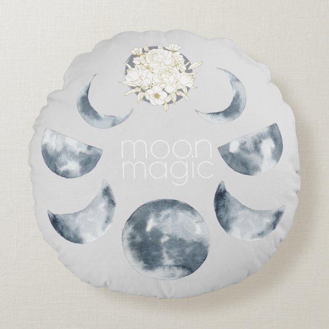 Moon Magic Moon Phase & Floral Pattern Round Cushion (Front)