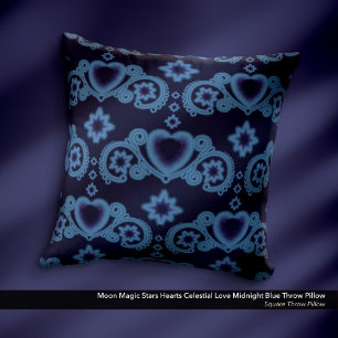 Moon Magic Stars Hearts Celestial Love Dark Blue Cushion