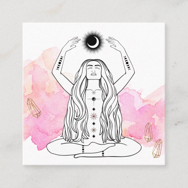 *~* Moon Meditation Luna Goddess Black Gold Square Business Card (Front)