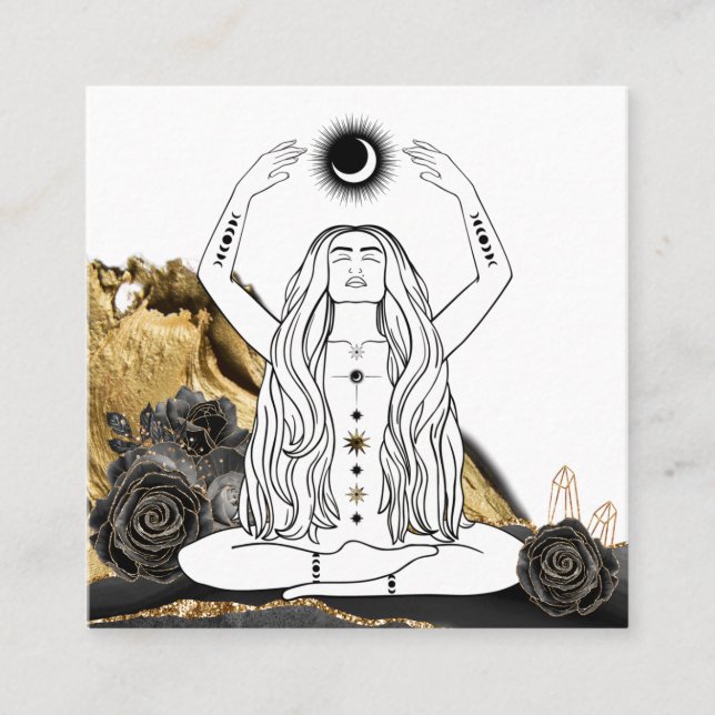 *~* Moon Meditation Luna Rose Goddess Black Gold  Square Business Card (Front)