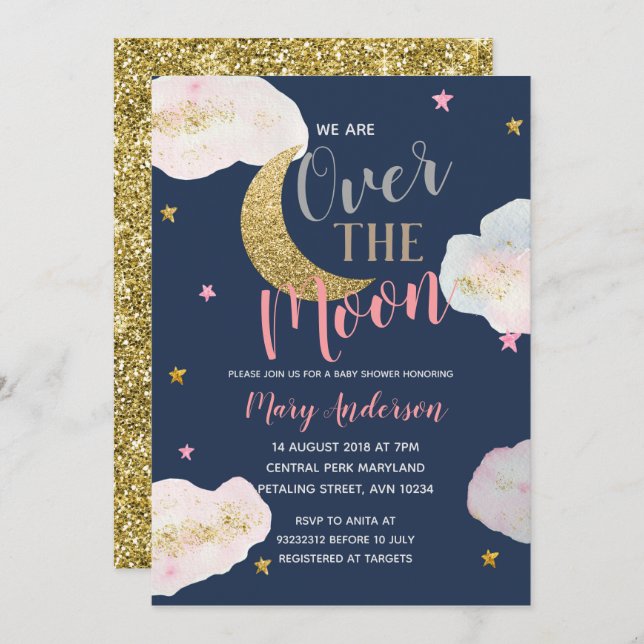Moon Navy Blue and Gold Baby Shower Invitation (Front/Back)