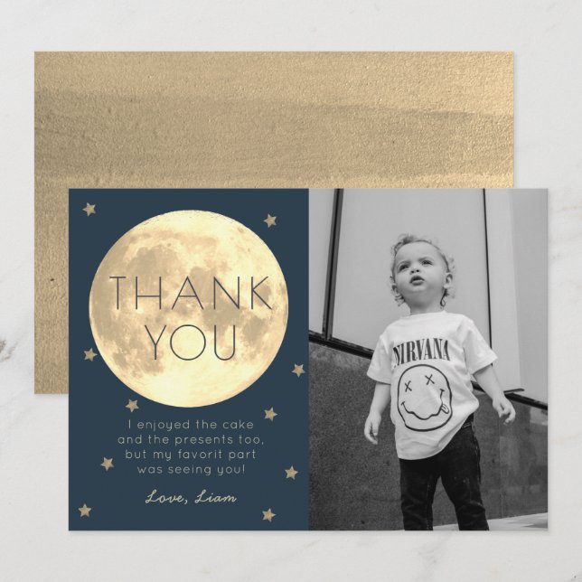 Moon Navy Blue Boy Photo Birthday Thank You Card (Front/Back)