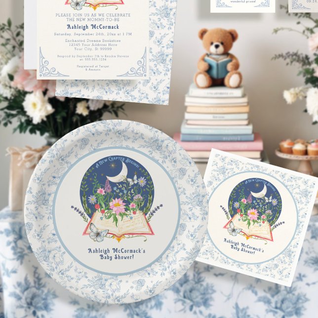 Moon New Chapter Begins Book Butterfly Blue Floral Paper Plate (Creator Uploaded)