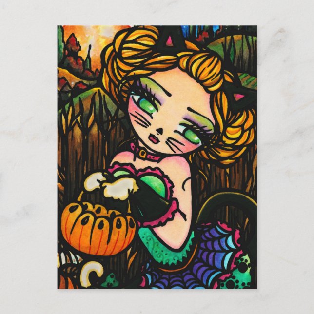 Moon Night Halloween Kitty Cat Girl Fantasy Art Postcard (Front)