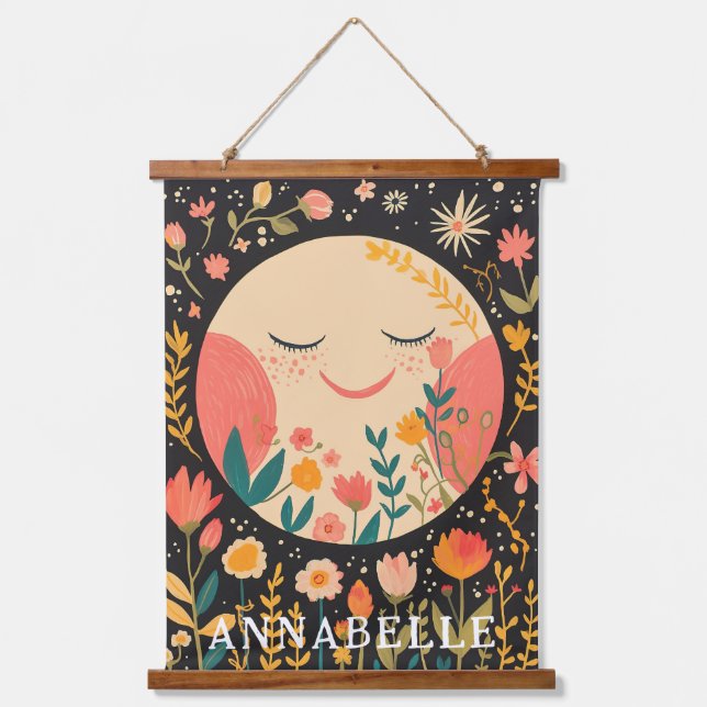 Moon Night Sky Boho Floral Illustration First Name Hanging Tapestry (Front)