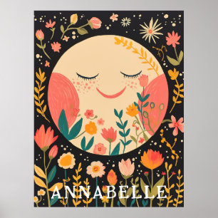 Moon Night Sky Boho Floral Illustration First Name Poster