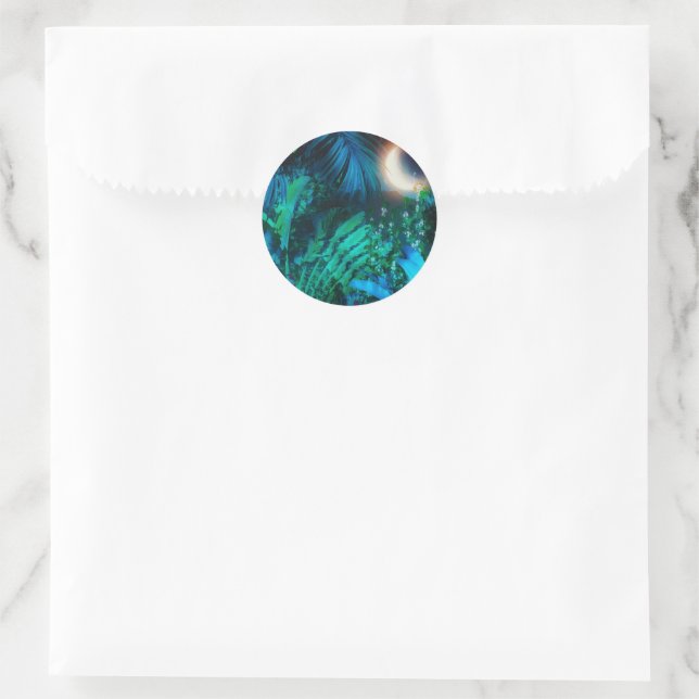 Moon Night Tropical Jungle Leaves Silver Blue Classic Round Sticker (Bag)