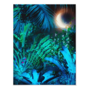 Moon Night Tropical Jungle Leaves Silver Blue Photo Print
