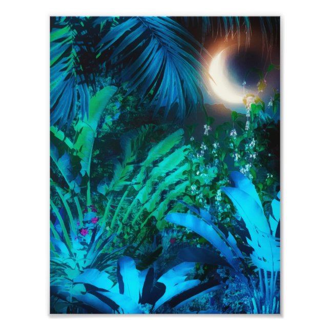 Moon Night Tropical Jungle Leaves Silver Blue Photo Print (Front)
