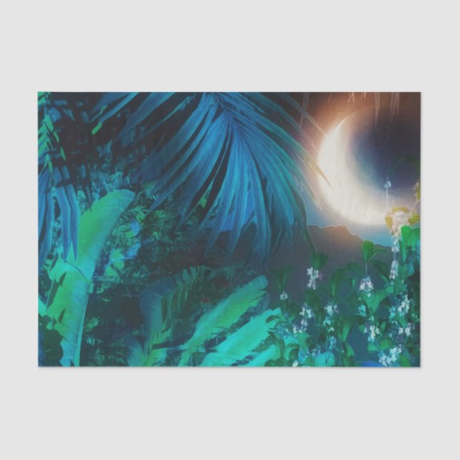 Moon Night Tropical Jungle Leaves Silver Blue Tissue Paper (Front)