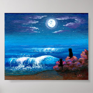 Moon Ocean Black Cat Art Creationarts Poster
