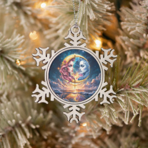 Moon of Eternal Balance – Fire & Water Souls. Snowflake Pewter Christmas Ornament