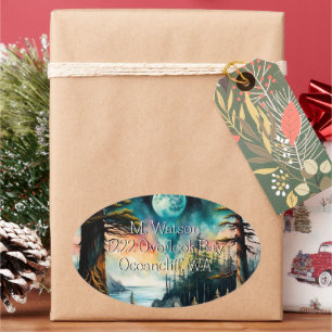 Moon over an Ocean Bay Address Oval Sticker