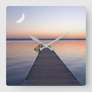 Moon Over Buscharner Footbridge Starnberg Lake Square Wall Clock