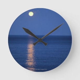 Moon Over Lake at Night Round Clock