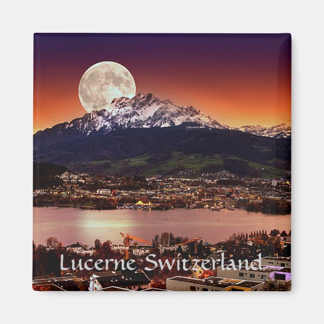 Moon Over Lucerne Switzerland And Mount Pilatus Magnet (Front)