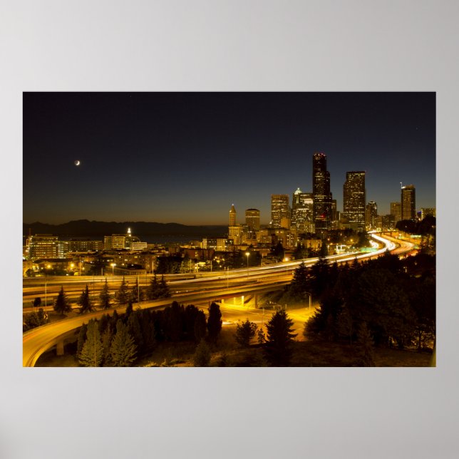 Moon Over Seattle Downtown Skyline Poster (Front)