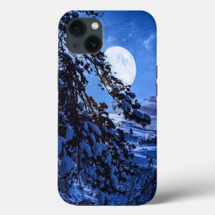 Moon over snowy fir tree and sea coast at night iPhone 13 case
