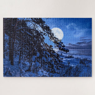 Moon over snowy fir tree and sea coast at night ji jigsaw puzzle