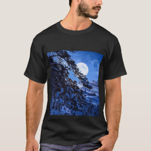 Moon over snowy fir tree and sea coast at night T-Shirt