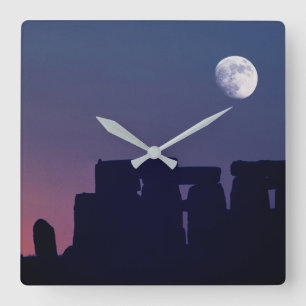 Moon Over Stonehenge   Wiltshire, England Square Wall Clock