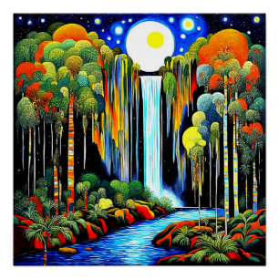 Moon over waterfall poster