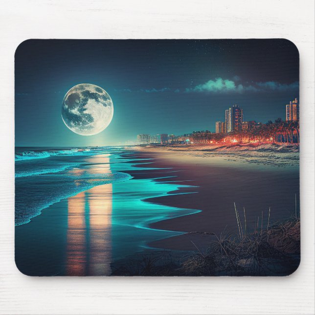 Moon overlooking the ocean and city mouse mat (Front)