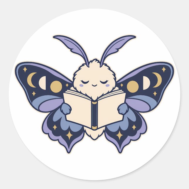 Moon Phase Moth Reading Book Sticker (Front)