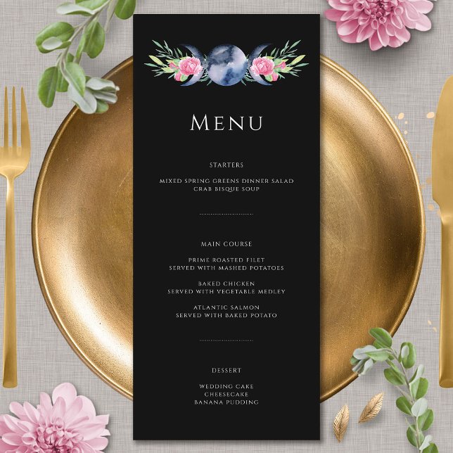 Moon Phase Pink Floral Metaphysical Wedding Menu (Creator Uploaded)