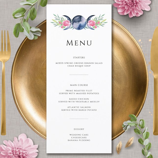 Moon Phase Pink Floral Metaphysical Wedding Menu (Creator Uploaded)