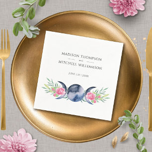 Moon Phase Pink Roses Floral Metaphysical Wedding Napkin