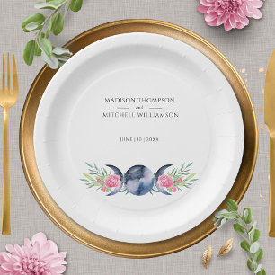 Moon Phase Pink Roses Floral Metaphysical Wedding Paper Plate