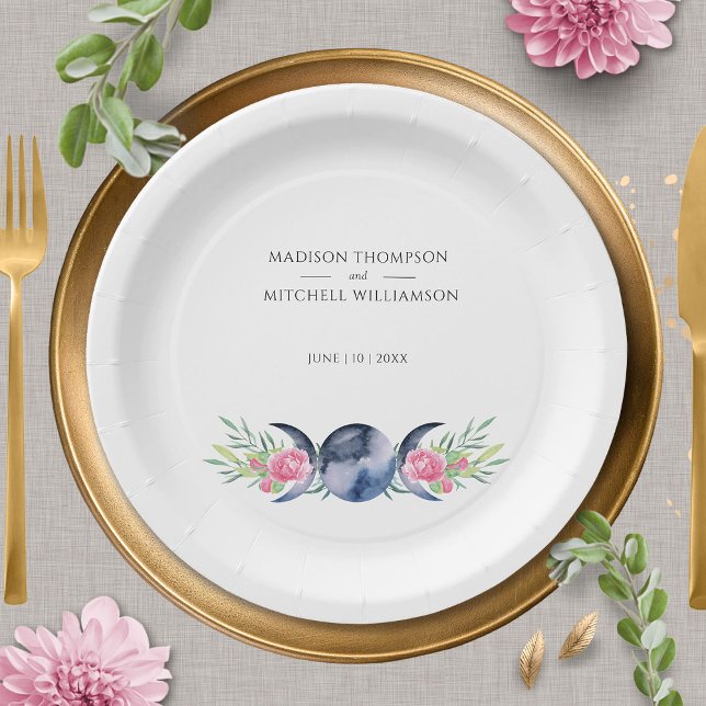 Moon Phase Pink Roses Floral Metaphysical Wedding Paper Plate (Creator Uploaded)